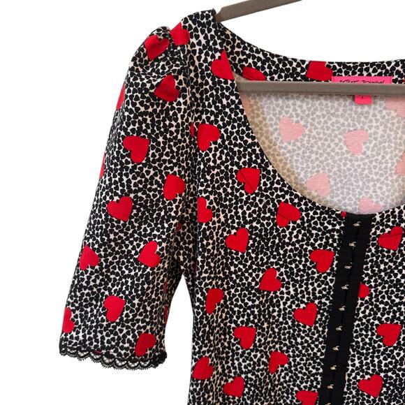 Betsey Johnson Heart Leopard Print Babydoll Black Lace Trim 90s y2k Grunge Sz L - Picture 3 of 9